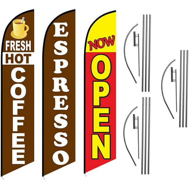 Pack of 3 Bakery Grand Opening King Swooper Feather Flag Sign Kit with Pole and Ground Spike Coffee Shop 